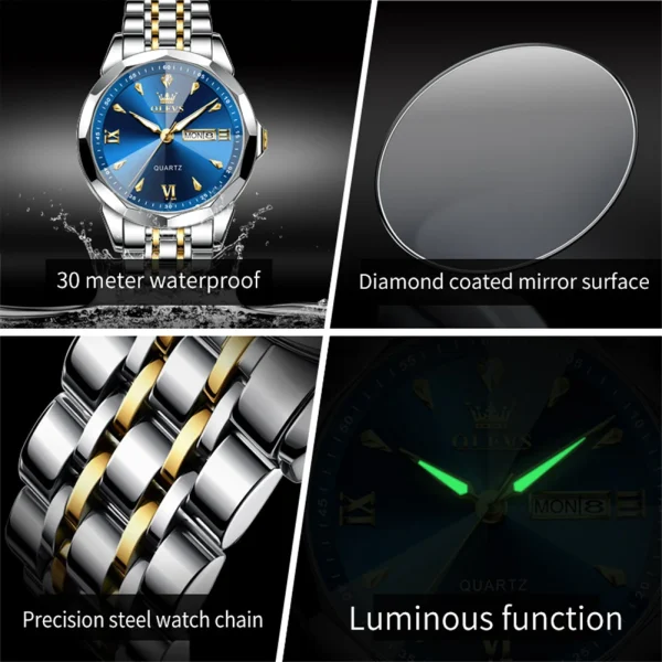 OLEVS Luxury Fashion Original Men's Watches Waterproof Stainless Steel Quartz Watch for Male Dual Calendar Luminous Wristwatch - Image 5