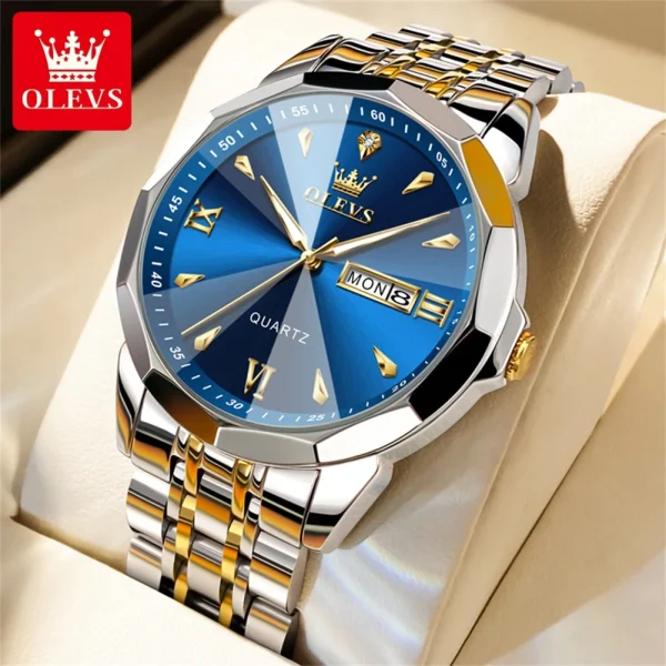 OLEVS Luxury Fashion Original Men's Watches Waterproof Stainless Steel Quartz Watch for Male Dual Calendar Luminous Wristwatch - Image 2