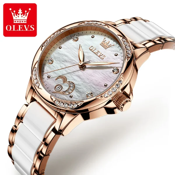 OLEVS 6631 Top Original Automatic Watch for Women Fashion Heart Design Diamond Bezel Ceramics Strap Ladies Mechanical Wristwatch - Image 2