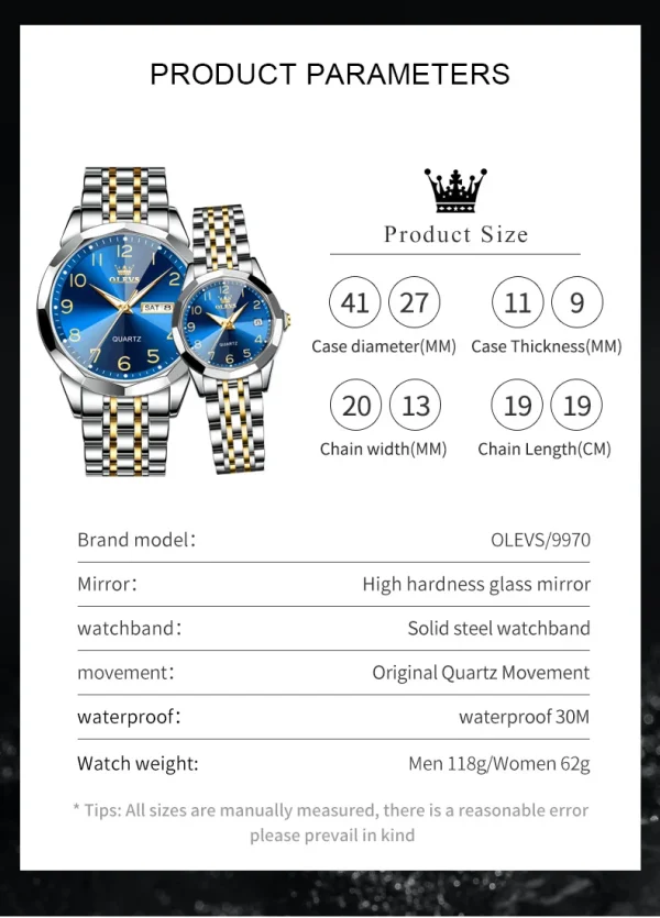 OLEVS 9970 Luxury Couple Watch Men Women Stainless Steel Waterproof Calendar Wristwatch Digital Dial Rhombus Mirror Lovers Watch - Image 5