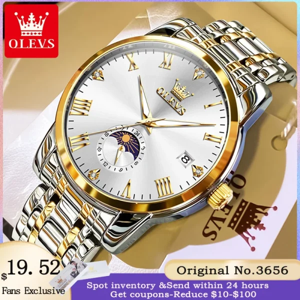 OLEVS 3656 Men Watch Fashion Original Waterproof Luminous Calendar Moon Phase Business Watch Trend Luxury Brand Men Quartz Watch