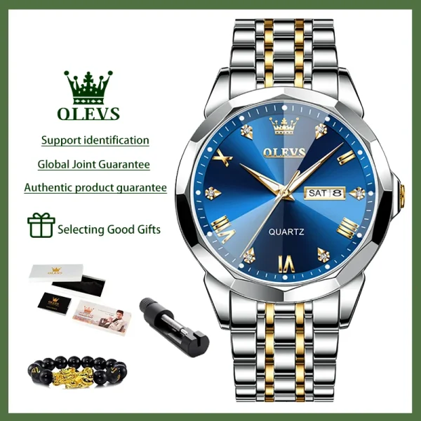 OLEVS Luxury Fashion Original Men's Watches Waterproof Stainless Steel Quartz Watch for Male Dual Calendar Luminous Wristwatch