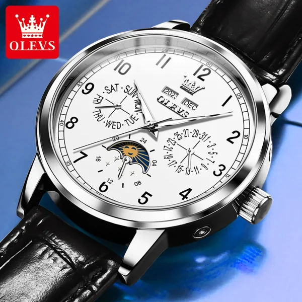 OLEVS Top brand Luxury Moon Phase Automatic Mechanical Watch for Men Date Week Leather Strap Waterproof Man's Watches Luminous - Image 4