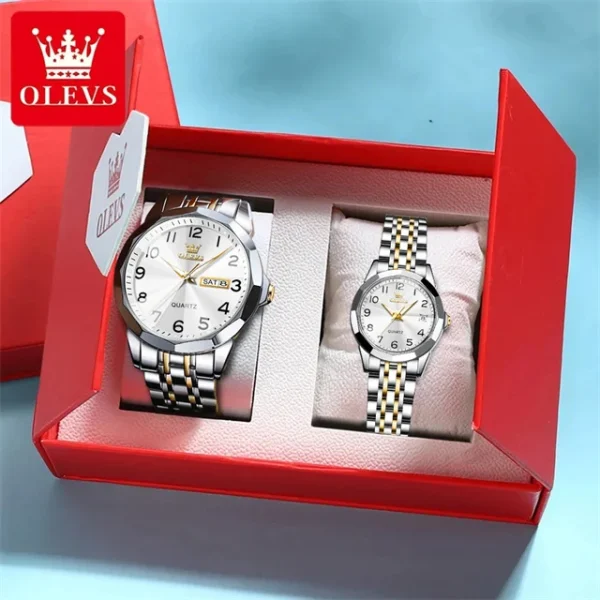 OLEVS 9970 Luxury Couple Watch Men Women Stainless Steel Waterproof Calendar Wristwatch Digital Dial Rhombus Mirror Lovers Watch - Image 9