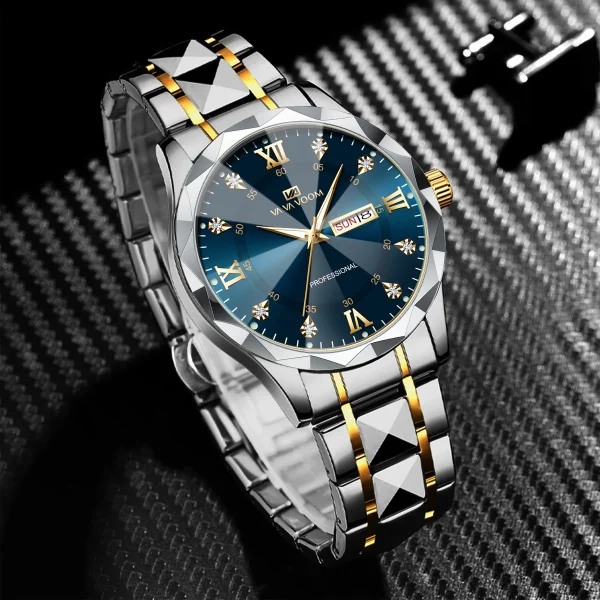 Men Watch Water Diamond Luxury Night Glow Double Calendar Quartz Movement 41mm Blue Gold Stainless Steel Fashion Business Watch - Image 3