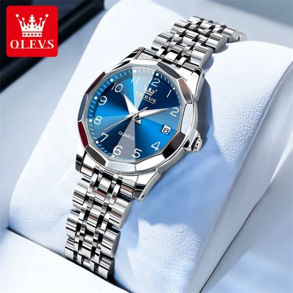 OLEVS 9970 Luxury Couple Watch Men Women Stainless Steel Waterproof Calendar Wristwatch Digital Dial Rhombus Mirror Lovers Watch - Image 16