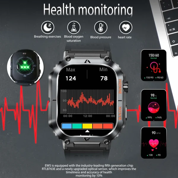 EIGIIS New 5ATM Waterproof Men Military Watch Heart Rate Blood Pressure Blood Oxygen 2.02'' TFT HD With Compass 100+ Sports Mode - Image 3