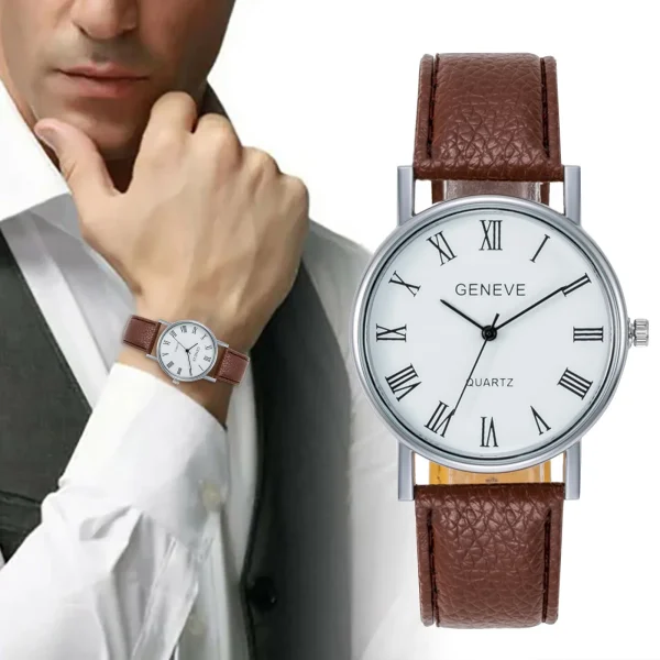 Simple Style Watch For Men Classic Leather Strap Stainless Steel Dial Bracelet Watch Creative Roman Calendar Business Wristwatch