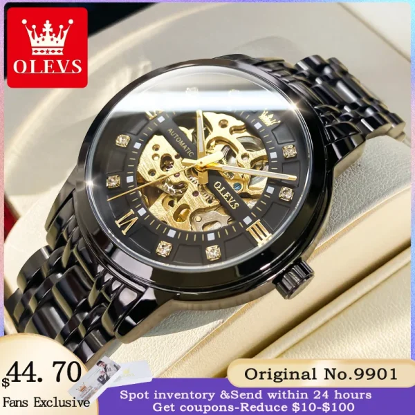 OLEVS 9901 Men's Watch Luxury Brand Skeleton Automatic Mechanical Watch Fashion Diamond Stainless Steel Waterproof Men's Watch