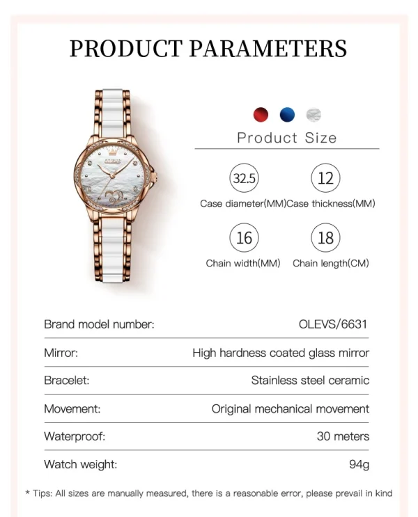 OLEVS 6631 Top Original Automatic Watch for Women Fashion Heart Design Diamond Bezel Ceramics Strap Ladies Mechanical Wristwatch - Image 6