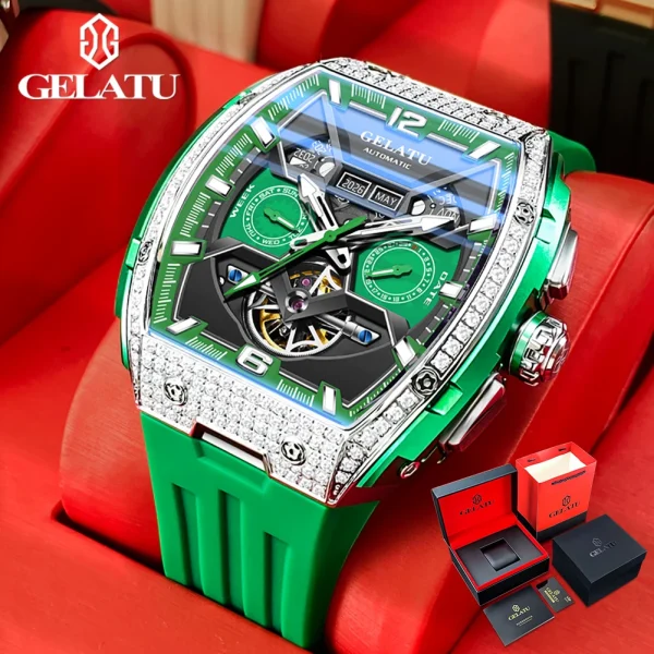 GELATU 6016 Diamond Hollow Man Mechanical Wristwatch Auto Date Deep Waterproof Watch For Men Luxury Silicone Strap Dress Watches - Image 9