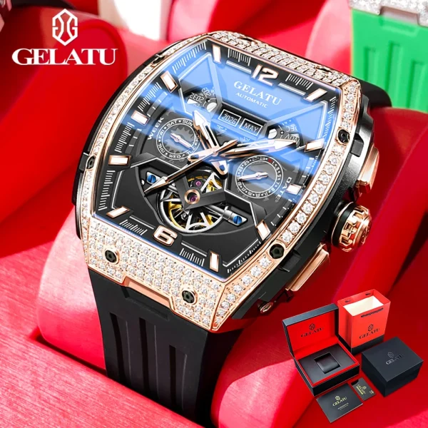 GELATU 6016 Diamond Hollow Man Mechanical Wristwatch Auto Date Deep Waterproof Watch For Men Luxury Silicone Strap Dress Watches - Image 8