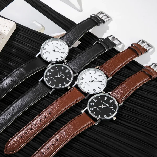 Simple Style Watch For Men Classic Leather Strap Stainless Steel Dial Bracelet Watch Creative Roman Calendar Business Wristwatch - Image 4