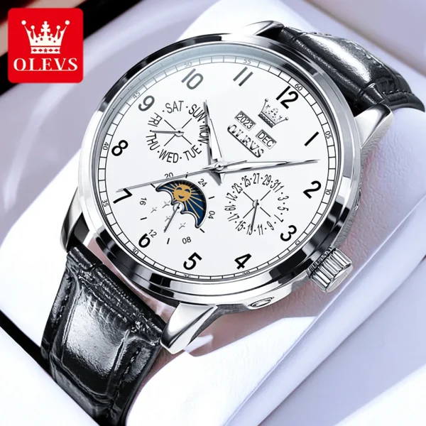 OLEVS Top brand Luxury Moon Phase Automatic Mechanical Watch for Men Date Week Leather Strap Waterproof Man's Watches Luminous