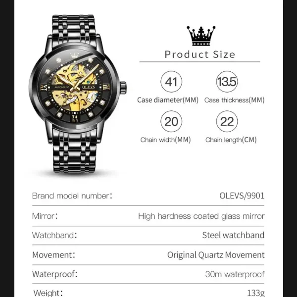 OLEVS 9901 Men's Watch Luxury Brand Skeleton Automatic Mechanical Watch Fashion Diamond Stainless Steel Waterproof Men's Watch - Image 6