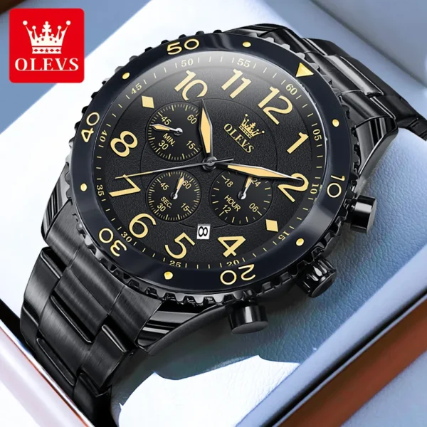 OLEVS Original 48mm Big Dial Men's Watches Multifunctional Calendar Stainless steel Gold Wristwatch Luxury Brand Watch for Men