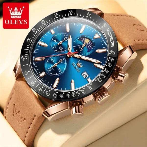 OLEVS Original Men's Quartz Watch Brown Leather Strap Moon Phase Waterproof Multifunctional Luxury Brand Watch for Men 2024 New - Image 8