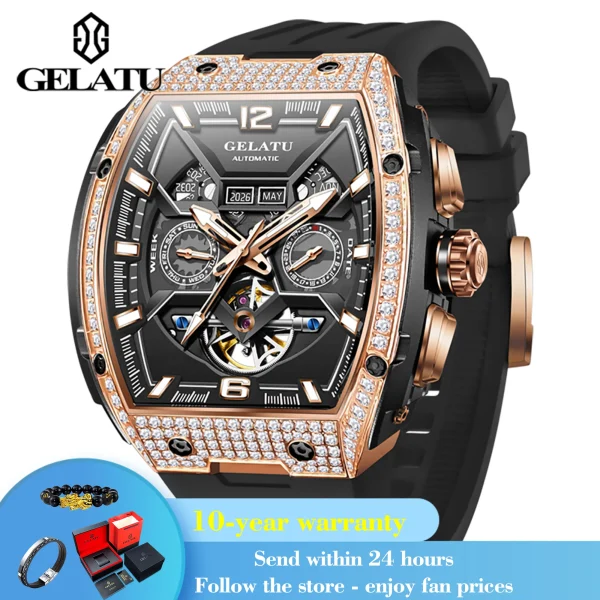 GELATU 6016 Diamond Hollow Man Mechanical Wristwatch Auto Date Deep Waterproof Watch For Men Luxury Silicone Strap Dress Watches