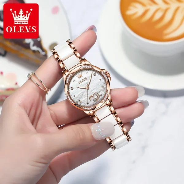 OLEVS 6631 Top Original Automatic Watch for Women Fashion Heart Design Diamond Bezel Ceramics Strap Ladies Mechanical Wristwatch - Image 3