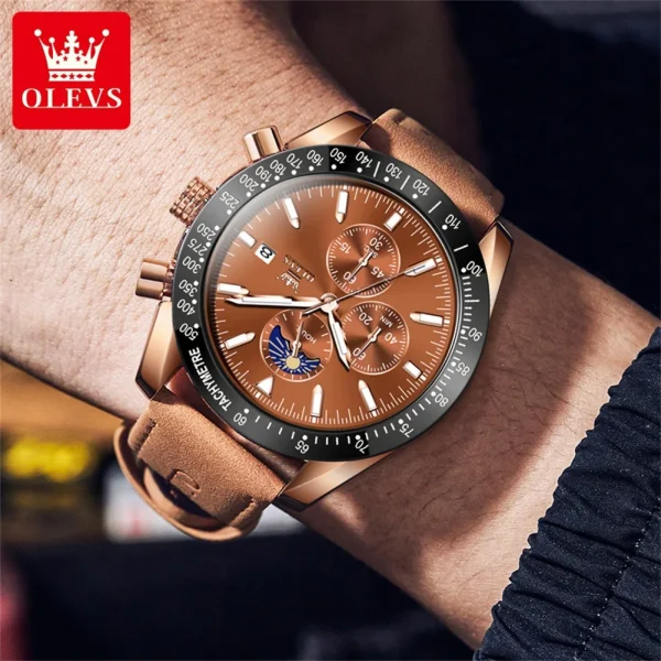 OLEVS Original Men's Quartz Watch Brown Leather Strap Moon Phase Waterproof Multifunctional Luxury Brand Watch for Men 2024 New - Image 3