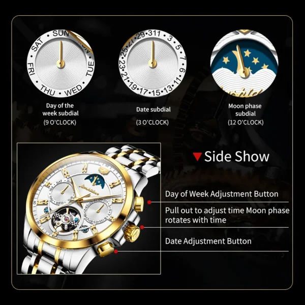 JSDUN 8945 Original Men's Automatic Mechanical Watch Fashion Tourbillon Skeleton Waterproof Calendar Luxury Brand Men's Watch - Image 4