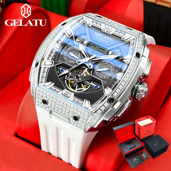 GELATU 6016 Diamond Hollow Man Mechanical Wristwatch Auto Date Deep Waterproof Watch For Men Luxury Silicone Strap Dress Watches - Image 10