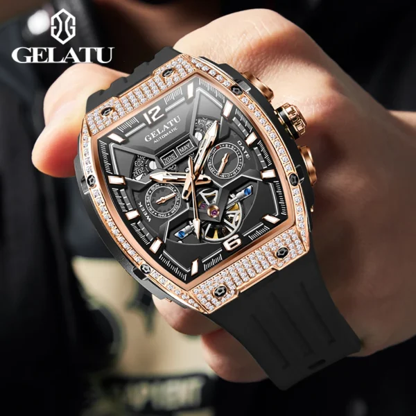 GELATU 6016 Diamond Hollow Man Mechanical Wristwatch Auto Date Deep Waterproof Watch For Men Luxury Silicone Strap Dress Watches - Image 2