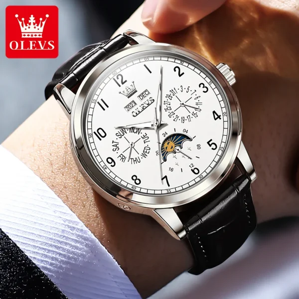 OLEVS Top brand Luxury Moon Phase Automatic Mechanical Watch for Men Date Week Leather Strap Waterproof Man's Watches Luminous - Image 3