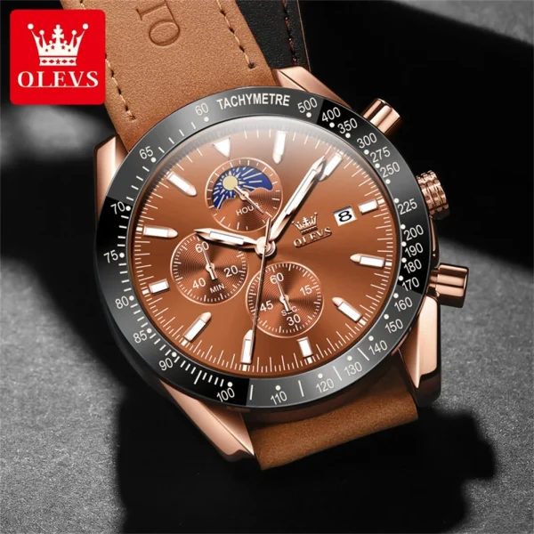 OLEVS Original Men's Quartz Watch Brown Leather Strap Moon Phase Waterproof Multifunctional Luxury Brand Watch for Men 2024 New - Image 2