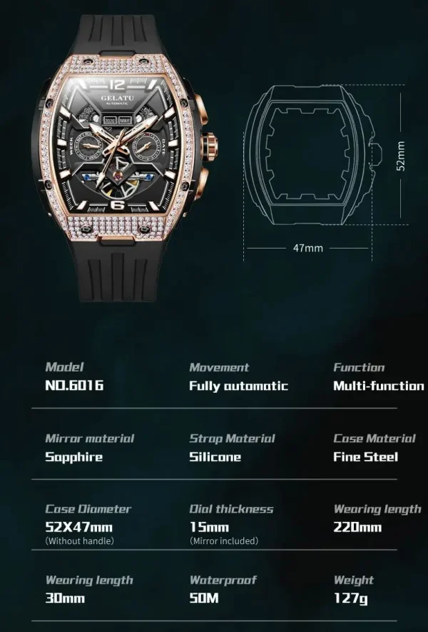 GELATU 6016 Diamond Hollow Man Mechanical Wristwatch Auto Date Deep Waterproof Watch For Men Luxury Silicone Strap Dress Watches - Image 6