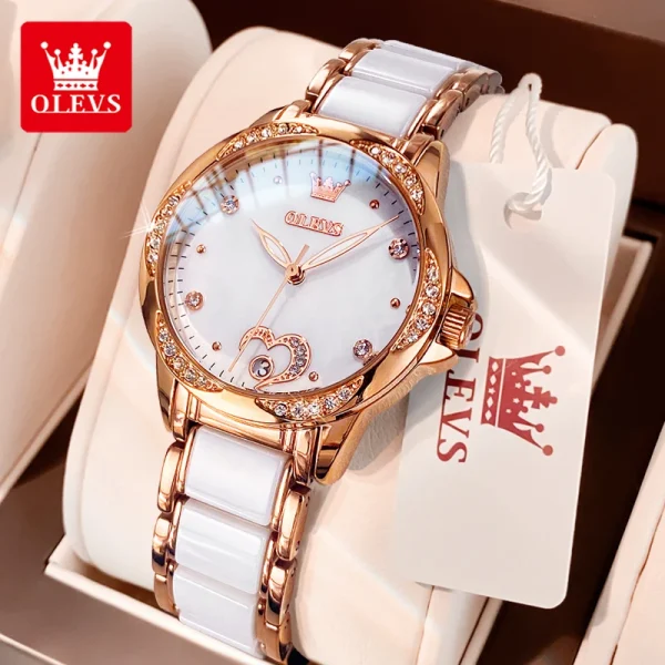 OLEVS 6631 Top Original Automatic Watch for Women Fashion Heart Design Diamond Bezel Ceramics Strap Ladies Mechanical Wristwatch