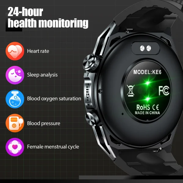 EIGIIS New Smart Watch KE6 1.43" AMOLED Display Men Black Sports Watch KE Series Bluetooth Call Health Monitor IP68 Waterproof - Image 2