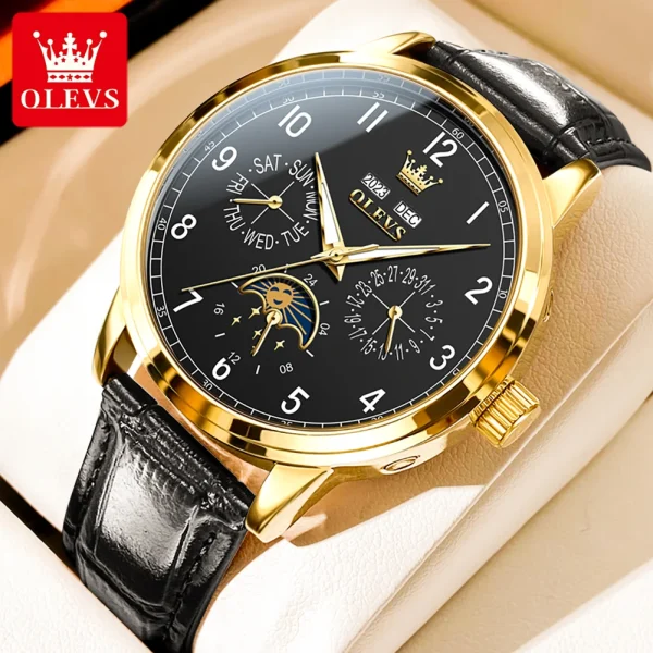 OLEVS Top brand Luxury Moon Phase Automatic Mechanical Watch for Men Date Week Leather Strap Waterproof Man's Watches Luminous - Image 7