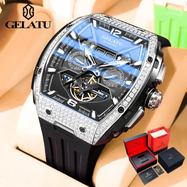 GELATU 6016 Diamond Hollow Man Mechanical Wristwatch Auto Date Deep Waterproof Watch For Men Luxury Silicone Strap Dress Watches - Image 7