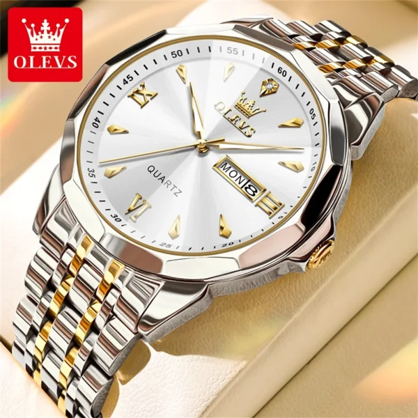 OLEVS Luxury Fashion Original Men's Watches Waterproof Stainless Steel Quartz Watch for Male Dual Calendar Luminous Wristwatch - Image 9