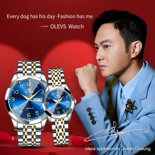 OLEVS 9970 Luxury Couple Watch Men Women Stainless Steel Waterproof Calendar Wristwatch Digital Dial Rhombus Mirror Lovers Watch - Image 6