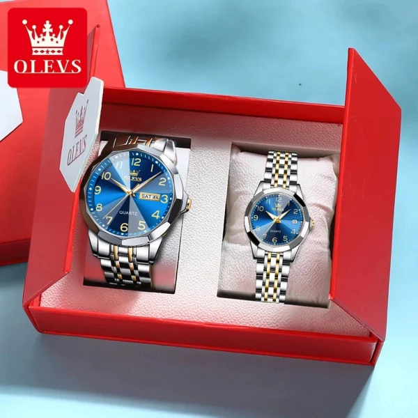 OLEVS 9970 Luxury Couple Watch Men Women Stainless Steel Waterproof Calendar Wristwatch Digital Dial Rhombus Mirror Lovers Watch