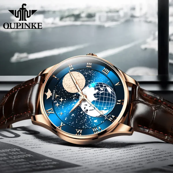 OUPINKE 3177 Moon Phase Man Watch High-end Import Jappan Automatic Movement Mechanical Men's Watches Leather Strap Luxury Watch - Image 5