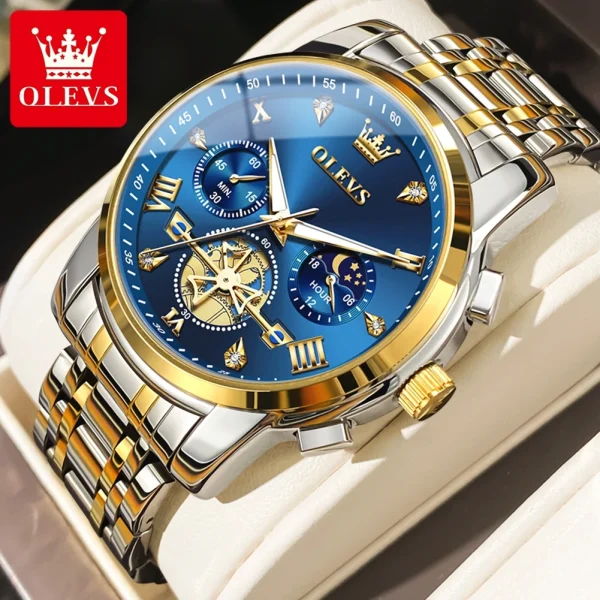 OLEVS Men's Watches Classic Multifunctional Fltwheel Chronograph Original Quartz Wristwatch Moon Phase 24 Hour Waterproof reloj - Image 12