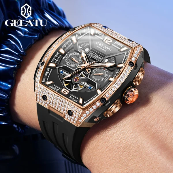 GELATU 6016 Diamond Hollow Man Mechanical Wristwatch Auto Date Deep Waterproof Watch For Men Luxury Silicone Strap Dress Watches - Image 3