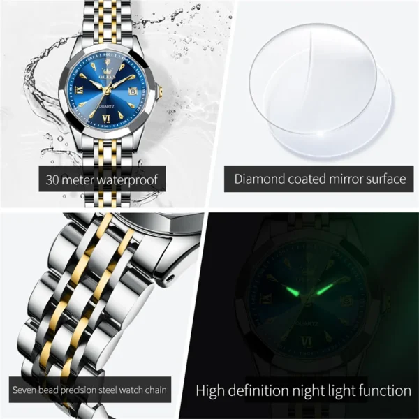 OLEVS 9998 Fashion Simple Women Quartz Watch Classic Rhombus Mirror Waterproof Double Calendar Watch Luxury Elegant Women Watch - Image 4