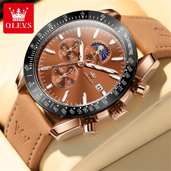 OLEVS Original Men's Quartz Watch Brown Leather Strap Moon Phase Waterproof Multifunctional Luxury Brand Watch for Men 2024 New - Image 10