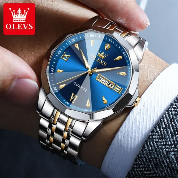 OLEVS Luxury Fashion Original Men's Watches Waterproof Stainless Steel Quartz Watch for Male Dual Calendar Luminous Wristwatch - Image 3