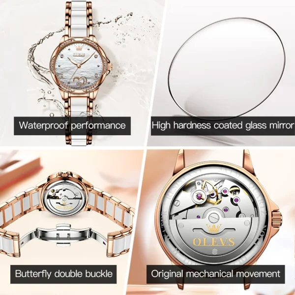 OLEVS 6631 Top Original Automatic Watch for Women Fashion Heart Design Diamond Bezel Ceramics Strap Ladies Mechanical Wristwatch - Image 5