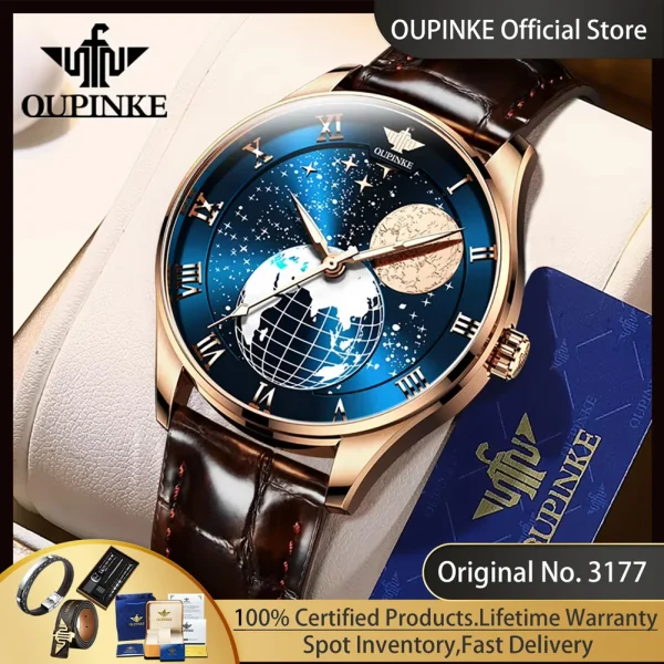 OUPINKE 3177 Moon Phase Man Watch High-end Import Jappan Automatic Movement Mechanical Men's Watches Leather Strap Luxury Watch