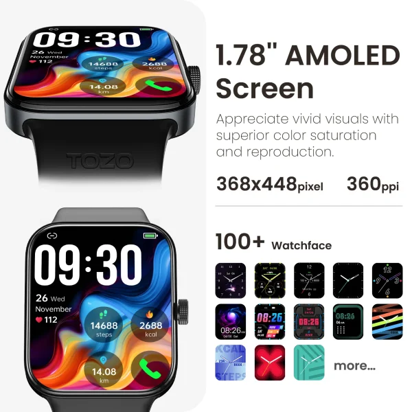 TOZO S4 AcuFit One Smart Watch | 1.78" AMOLED Display, Call/Answer, Fitness Tracker, Heart Rate, Sleep & Blood Oxygen Monitor - Image 2