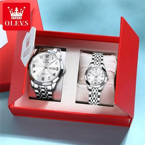 OLEVS 9970 Luxury Couple Watch Men Women Stainless Steel Waterproof Calendar Wristwatch Digital Dial Rhombus Mirror Lovers Watch - Image 13