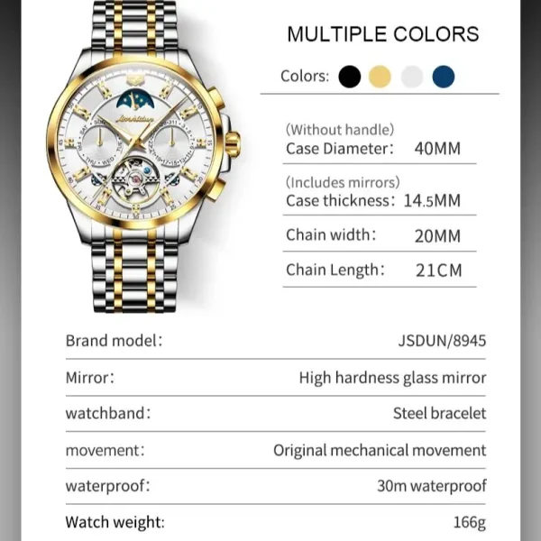 JSDUN 8945 Original Men's Automatic Mechanical Watch Fashion Tourbillon Skeleton Waterproof Calendar Luxury Brand Men's Watch - Image 6