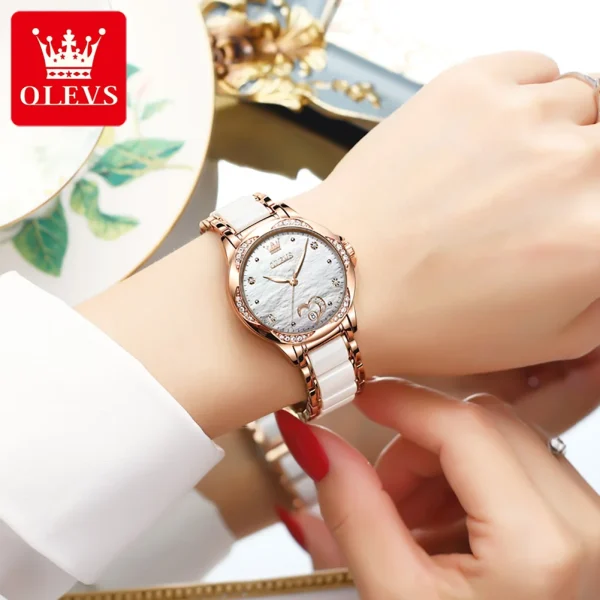 OLEVS 6631 Top Original Automatic Watch for Women Fashion Heart Design Diamond Bezel Ceramics Strap Ladies Mechanical Wristwatch - Image 4