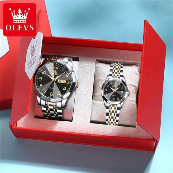 OLEVS 9970 Luxury Couple Watch Men Women Stainless Steel Waterproof Calendar Wristwatch Digital Dial Rhombus Mirror Lovers Watch - Image 8